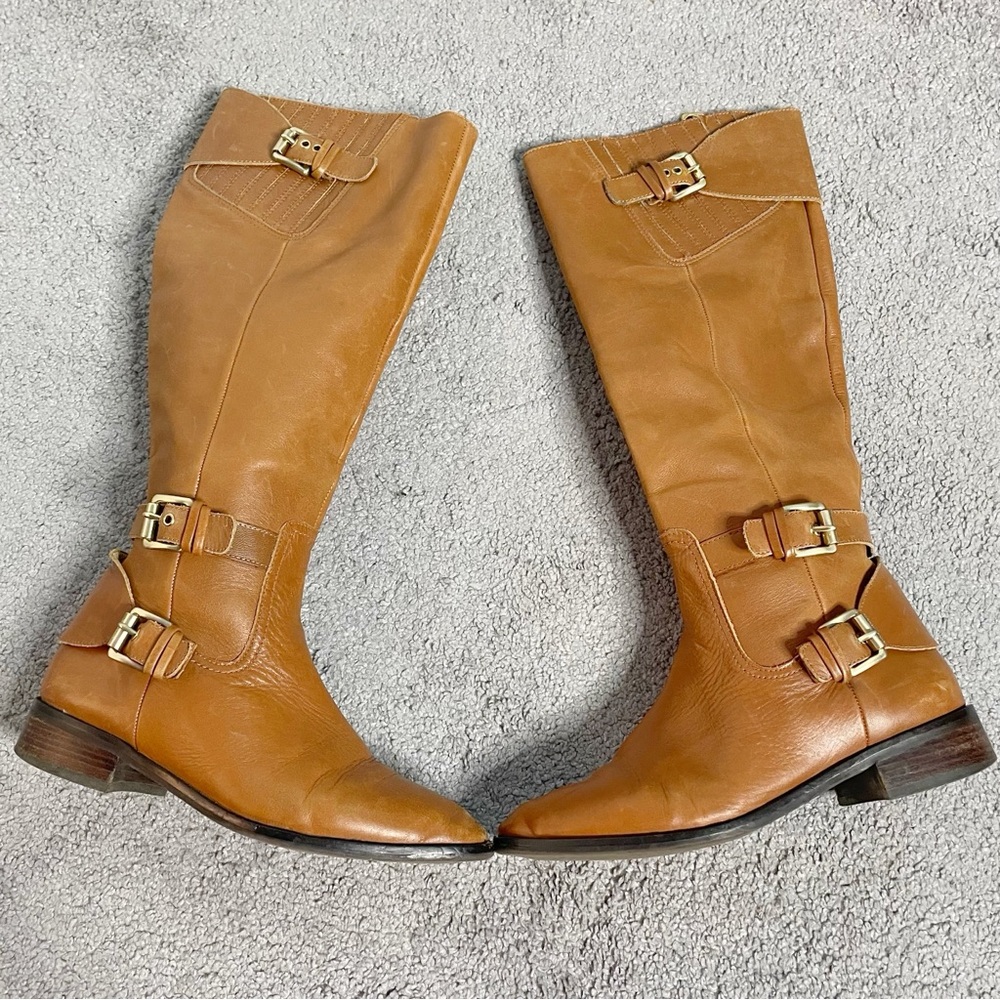 MICHAEL KORS Women Brown Leather Tatum Tall Riding Boots Gold Buckle Size 7
